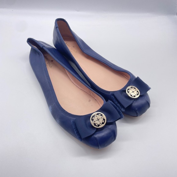 Kate Spade New York Blue Leather Fontana Too Ballet Flats Bow Detail Size 10M - Picture 1 of 9